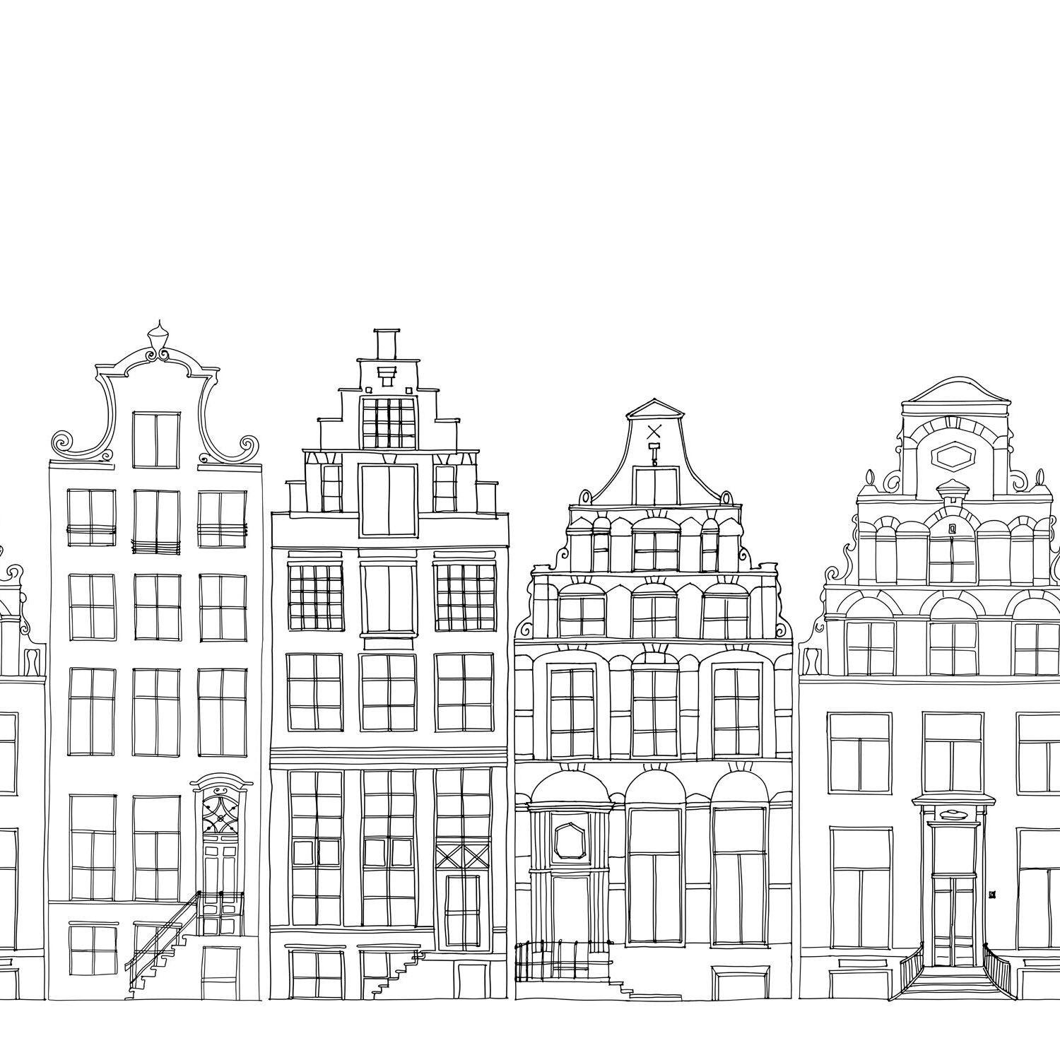 FOTOTAPETE gezeichnete Amsterdamer Grachtenhäuser 450 x 279 cm - Schwarz, Papier (450/279cm) - ESTAhome