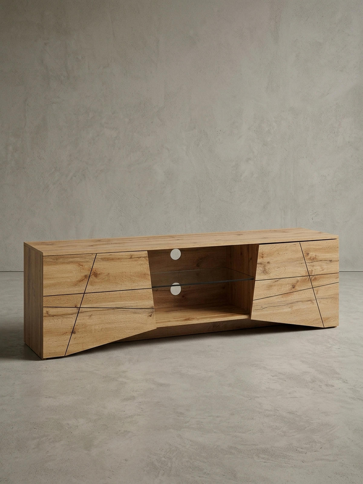 LOWBOARD Eiche-Dekor Modern Stil für 70-Zoll Fernseher mit Glasablage - Braun, Holz (160/50/40cm) - KADIMA DESIGN