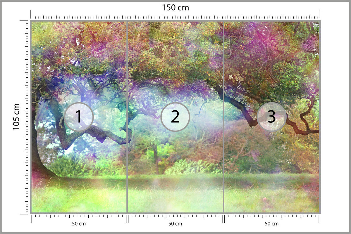 FOTOTAPETE für Kinderzimmer Magischer Bunter Wald Bäume Sträucher Blätter Pflanzen 150x105 - Gelb/Rot, Papier (150/105cm) - Muralo
