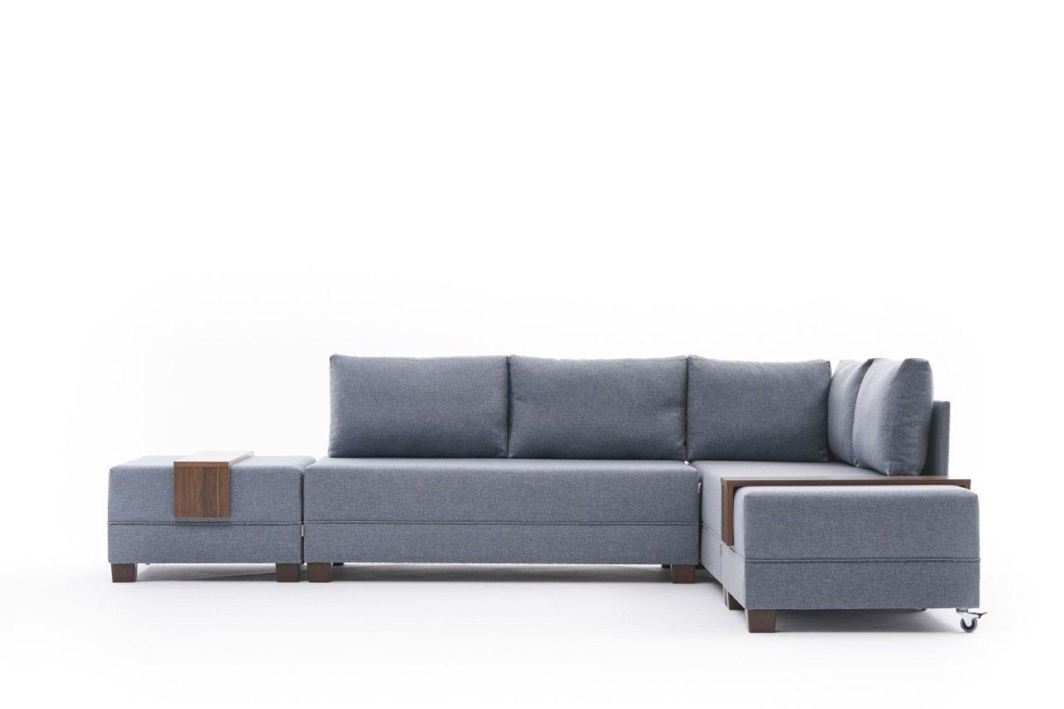 ECKSOFA mit rollbarer Schlaffunktion - Blau/Walnussfarben, Holz/Textil (210/280cm) - myHomelando