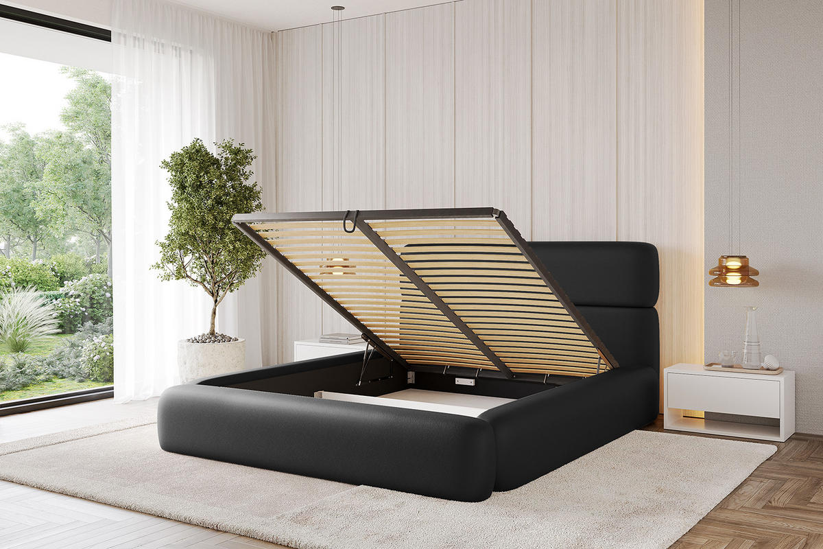 POLSTERBETT mit Bettkasten und Lattenrost, Boxbett ohne Matratze - ENORA 180x200 Schwarz Kunstleder - Schwarz Hochglanz, Holzwerkstoff/Textil (180/200cm) - ALTDECOR