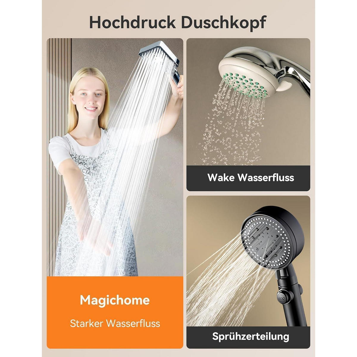 HANDBRAUSE Set mit 6 Strahlarten und 1,5M Schlauch - Silberfarben, Metall (10.5/12.7/27cm)