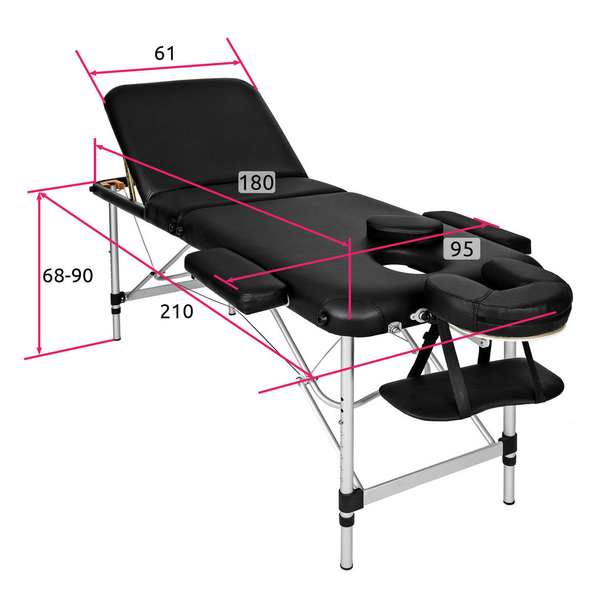MASSAGELIEGE 3 Zonen, 210 x 95 x 90 cm,schwarz - Schwarz, Metall (61/68/180cm) - tectake