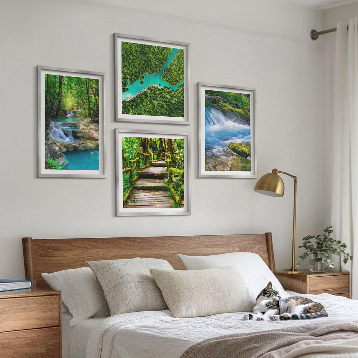 WANDBILDER 4er Set - 50x50 cm & 40x60 cm Silberner Rahmen - Grüne Wälder, kristallklares Wasser - Silberfarben, Kunststoff (50/50cm) - ArtPrintCave