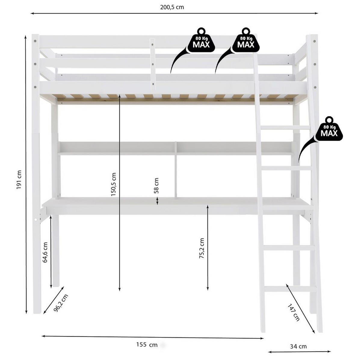 HOCHBETT STUDIO mit Schreibtisch Regal/ Hochbett 90X190 - Weiß - Weiß, Holz - Weber Industries