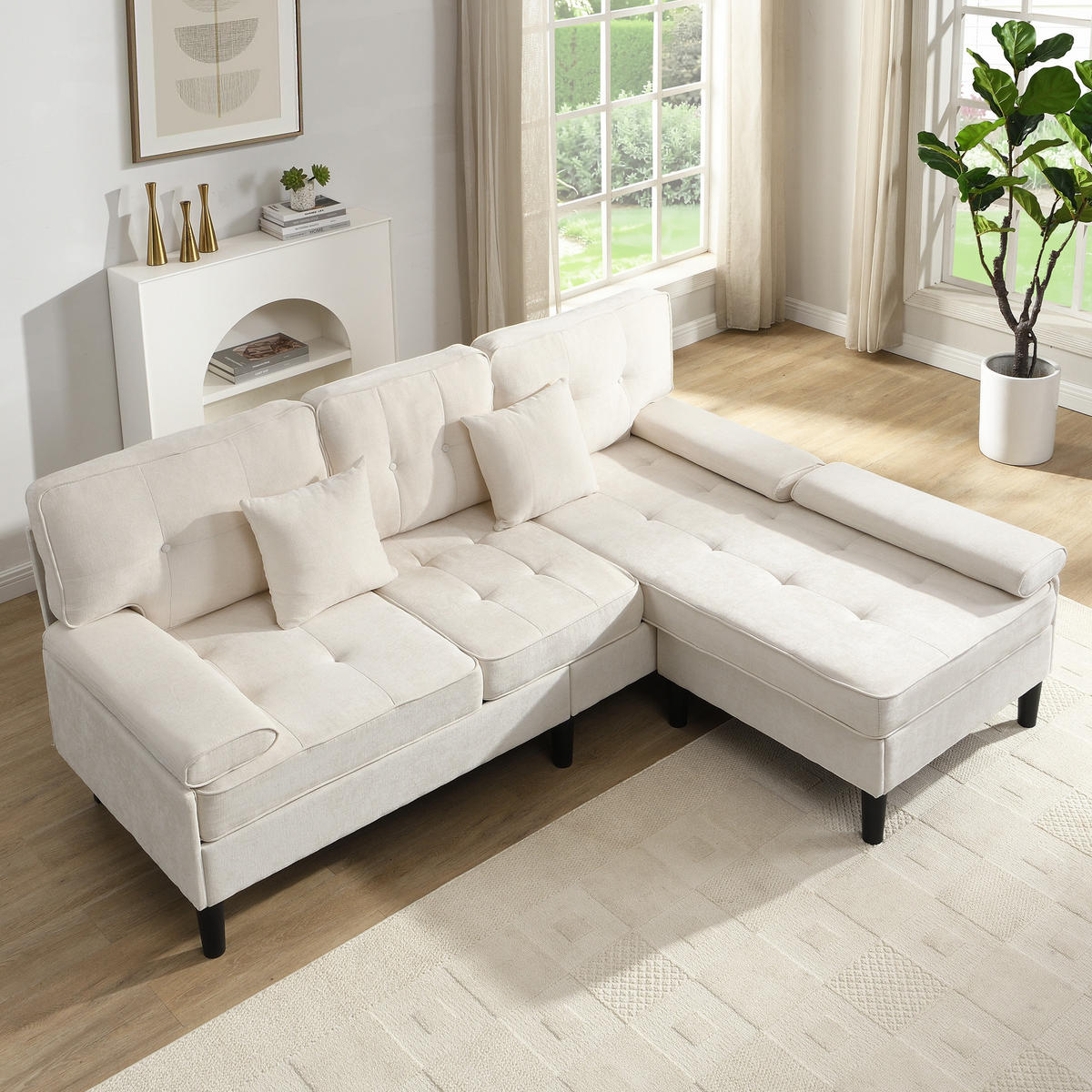 ECKSOFA 195/149/86 cm Hellbeige mit bewegliche Fußbank - Sandfarben, Textil (195/149cm) - Oxeza