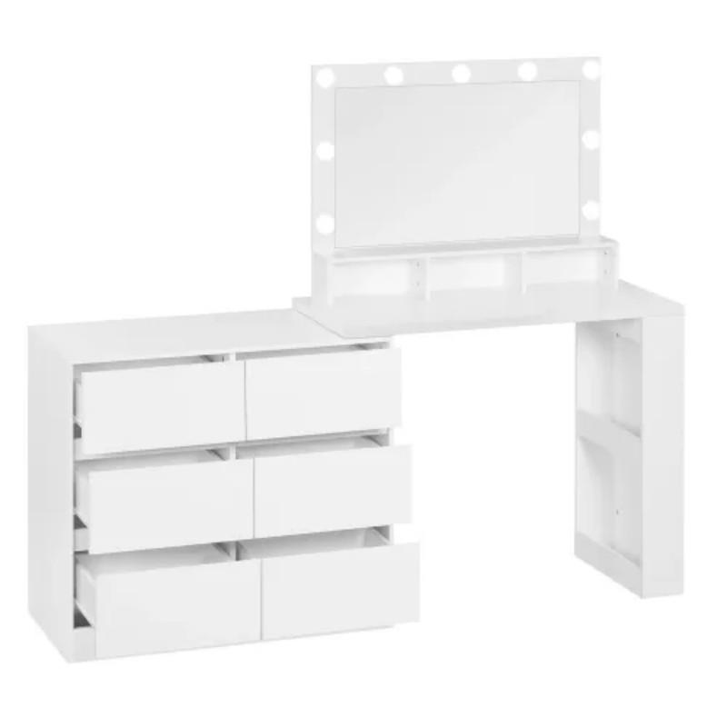 SCHMINKTISCH Weiß mit LED-Spiegel und 6 Schubladen L-Form 160/40/134,5 cm - Weiß, Holzwerkstoff (160/134.5/40cm) - PANGIVO