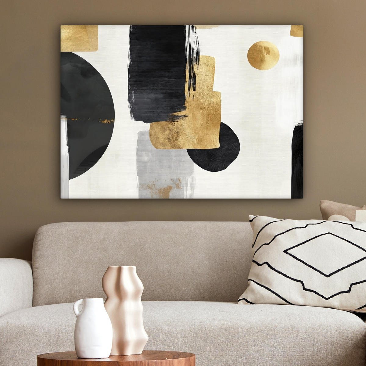 LEINWANDBILD Gold - Rechtecke - Kreise - Abstrakt Wandbilder 80x60 cm - Weiß, Textil (80/60cm) - MuchoWow