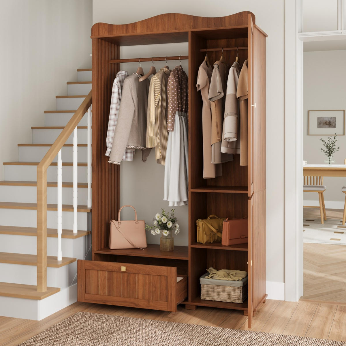 GARDEROBENSCHRANK mit Spiegel 115,5 x 38,5 x 194,5 cm MDF walnussfarben - Dunkelbraun, Holzwerkstoff (38.5/194.5/115.5cm) - Beauniv