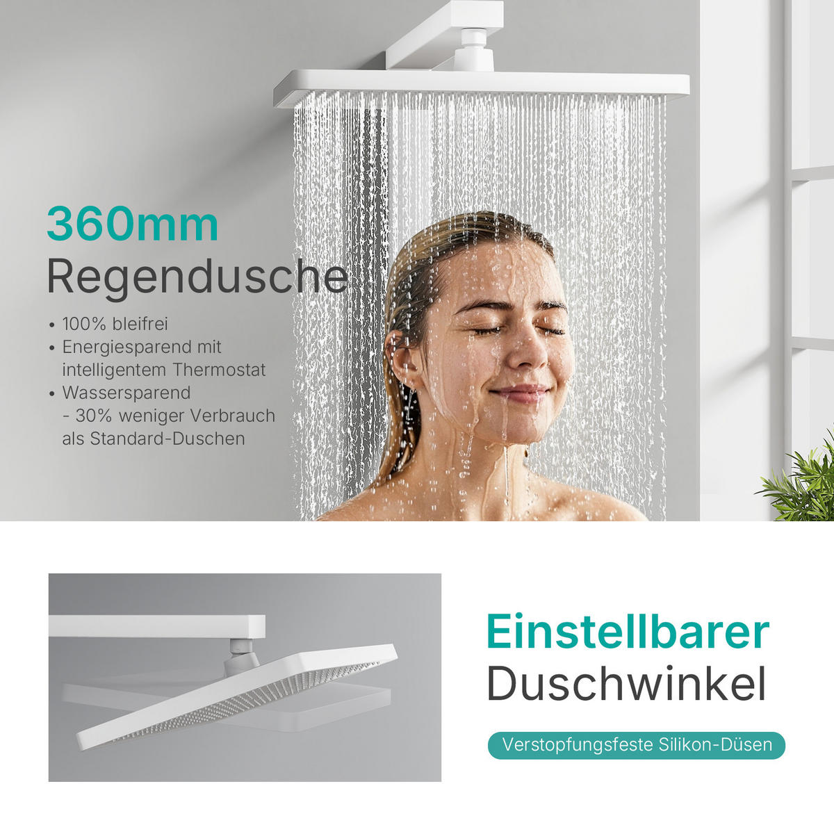 ÜBERKOPFBRAUSESET mit Thermostat und 4 Wasserauslässen 40,9/60/105 cm - Weiß, Metall (40/113/58cm) - EMKE
