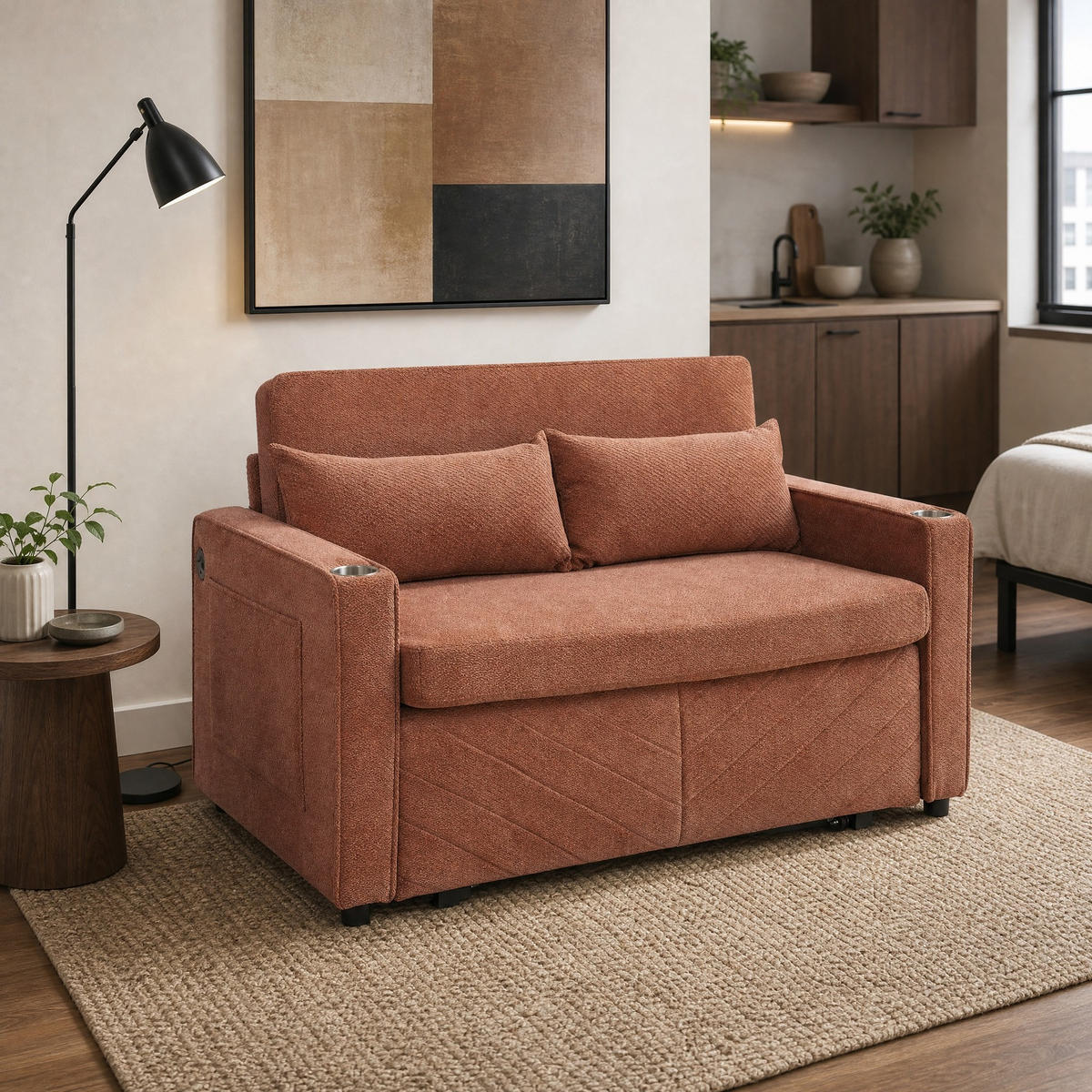 SCHLAFSOFA aus Holz und Stoff mit USB-Ladeports und Schiebe-Transform-Funktion Orange - Orange, Holz (134/73/195cm) - Modenvie