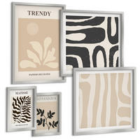 BILDER SET 5er Set - 50x50 cm & 20x30 cm & 40x60 cm Silberner Rahmen - Stilvolle Pflanzenmuster in Beige und Schwarz - Silberfarben, Kunststoff (40/60cm) - TULUP