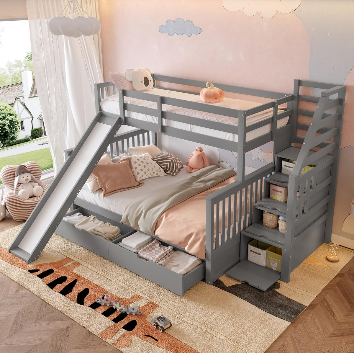 ETAGENBETT aus Kiefer 90x200/140x200 cm Grau mit Rutsche, Treppe und Schubladen - Grau, Holz (90/200cm) - Modfu