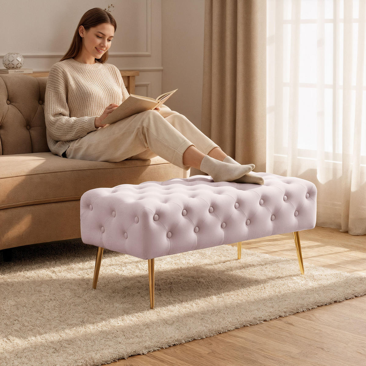 POLSTERBANK mit Samt - Optik Rosa 42/41/42 - Rosa, Textil (42/41/42cm) - RAUMHIRSCH FURNITURE