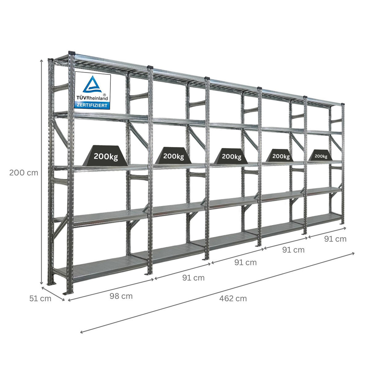 FACHBODENREGAL PROXIMO 200x450x50cm 5 Ebenen Beidseitig nutzbar Verzinkt - Silberfarben, Metall (450/200/50cm) - PROREGAL
