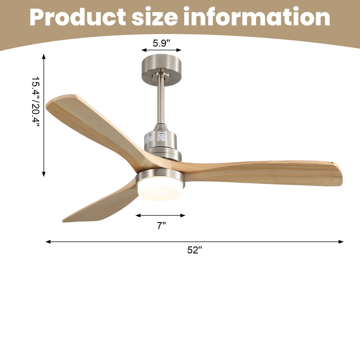 DECKENVENTILATOR DE-16195 52 Zoll mit dimmbarer LED & 3 Holzflügeln - Naturfarben, Holz/Metall (132/132/29cm) - ComfortXL