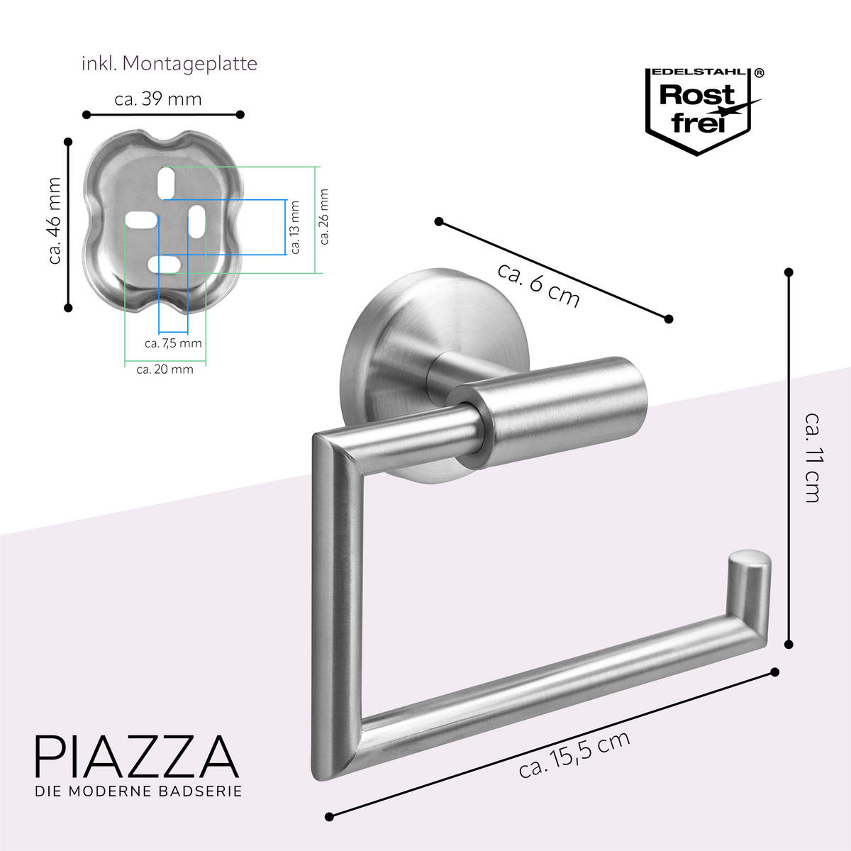 ROLLENHALTER PIAZZA, Edelstahl, matt, inkl. Klebeset - Edelstahlfarben, Metall (15.5/11/6cm) - bremermann