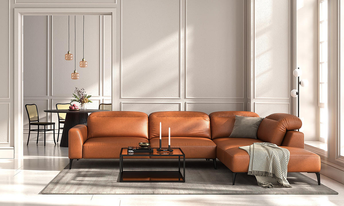 ECKSOFA mit Ottomane - Kastanienfarben/Schwarz, Leder/Metall (325/238cm) - home24