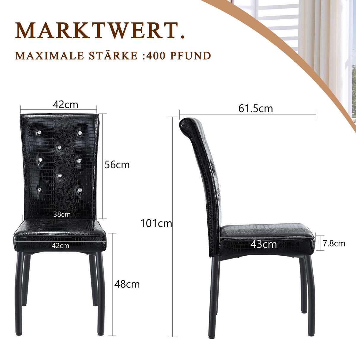 STUHL-SET DE-36773 2 Stück mit Krokodil-Prägung und Kristallknopf-Details Schwarz - Schwarz, Metall (42/101/61.5cm) - ComfortXL