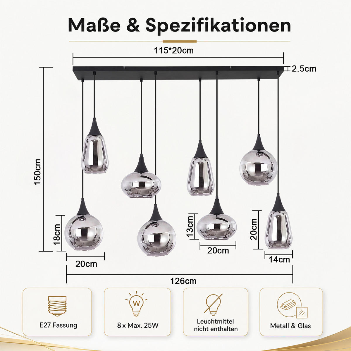 PENDELLEUCHTE Glornax 126/20/150 cm - Schwarz, Glas/Metall (126/20/150cm) - ZMH