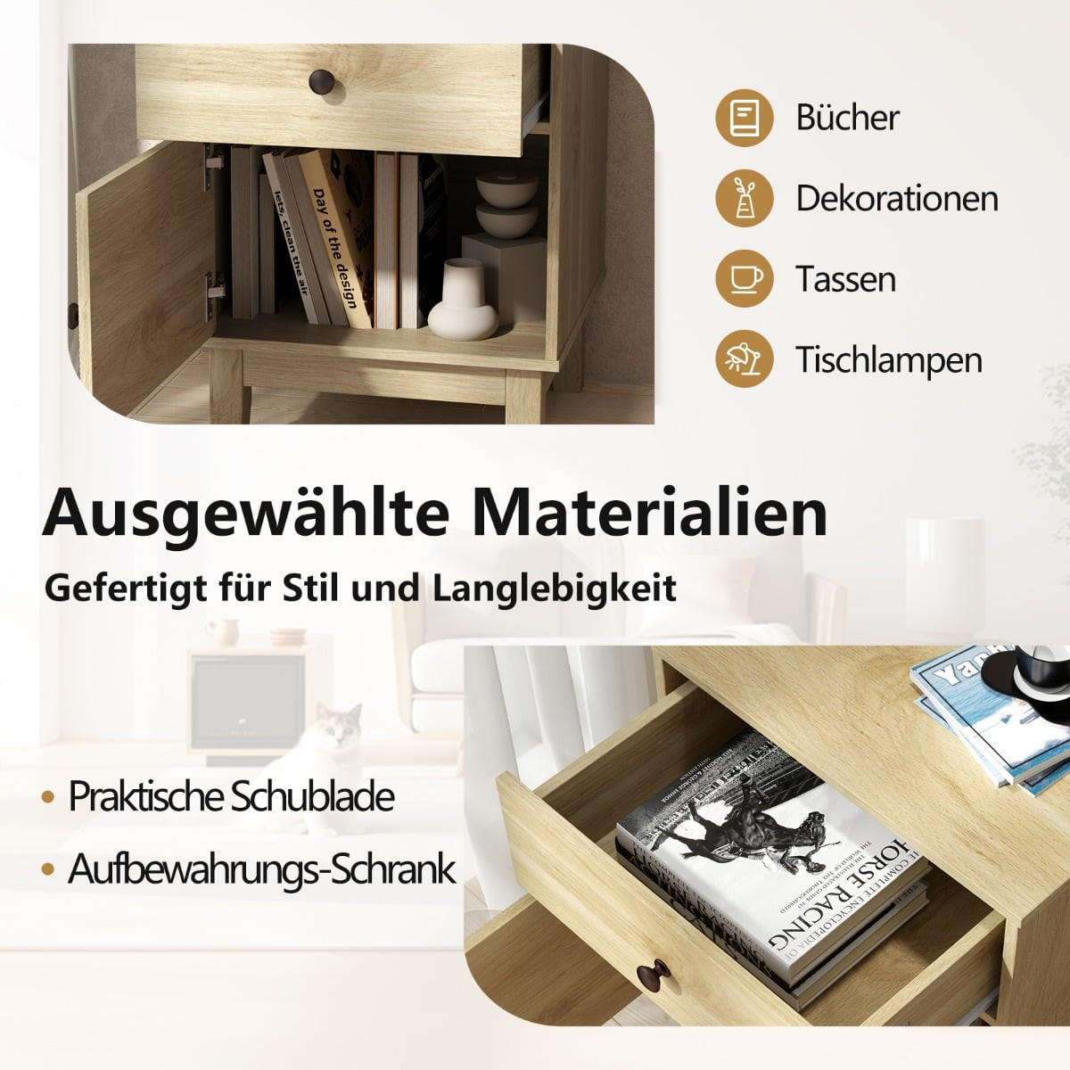 NACHTTISCH mit Schublade und Schrank, Boho Nachtschrank natur - Naturfarben, Holz/Holzwerkstoff (39/55/40cm) - DESIGN IN