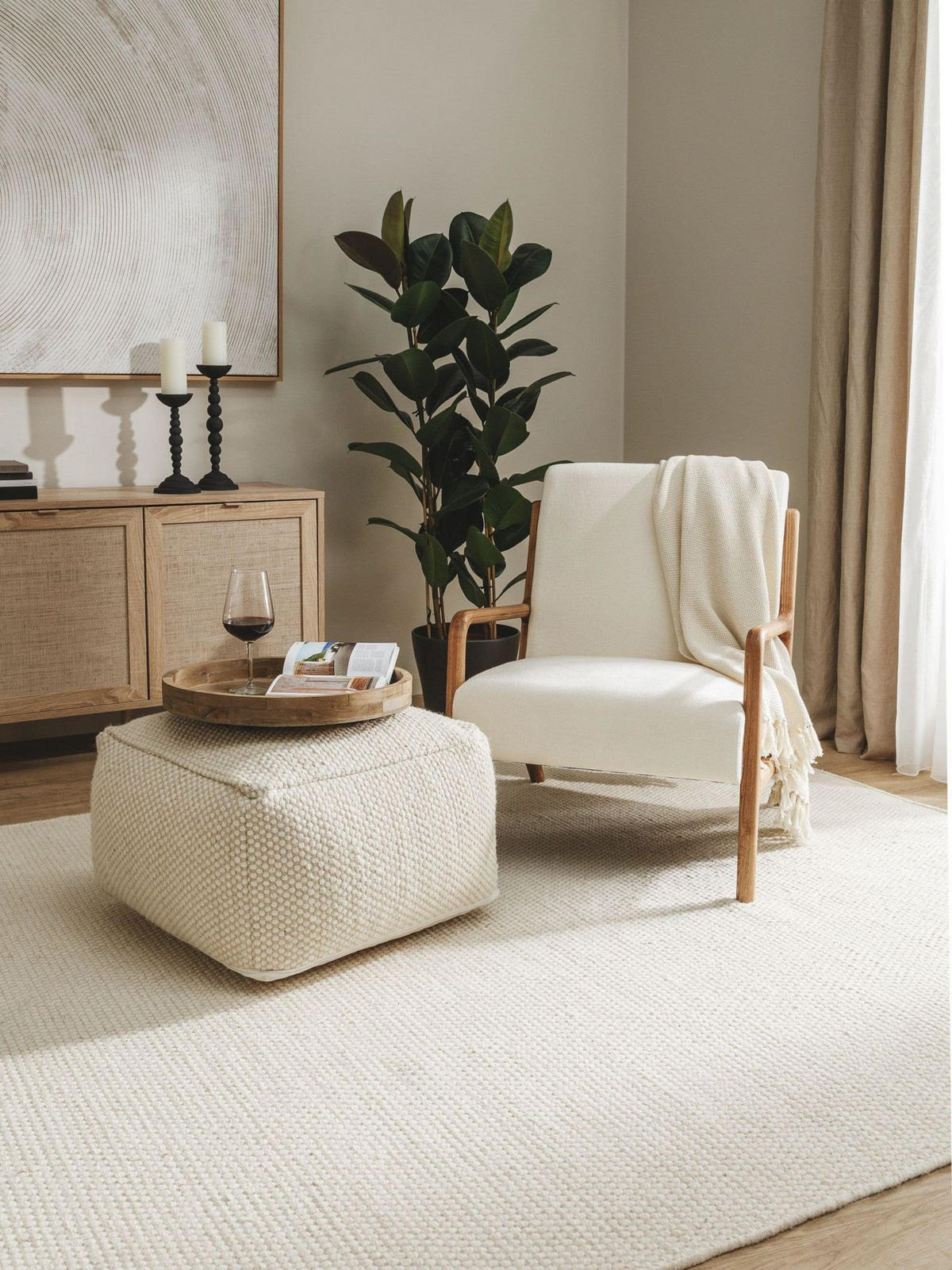 WOLL-POUF handgefertigt Rocco Weiß 55x55x30 cm - Weiß, Textil (55/30/55cm) - KUNSTLOFT
