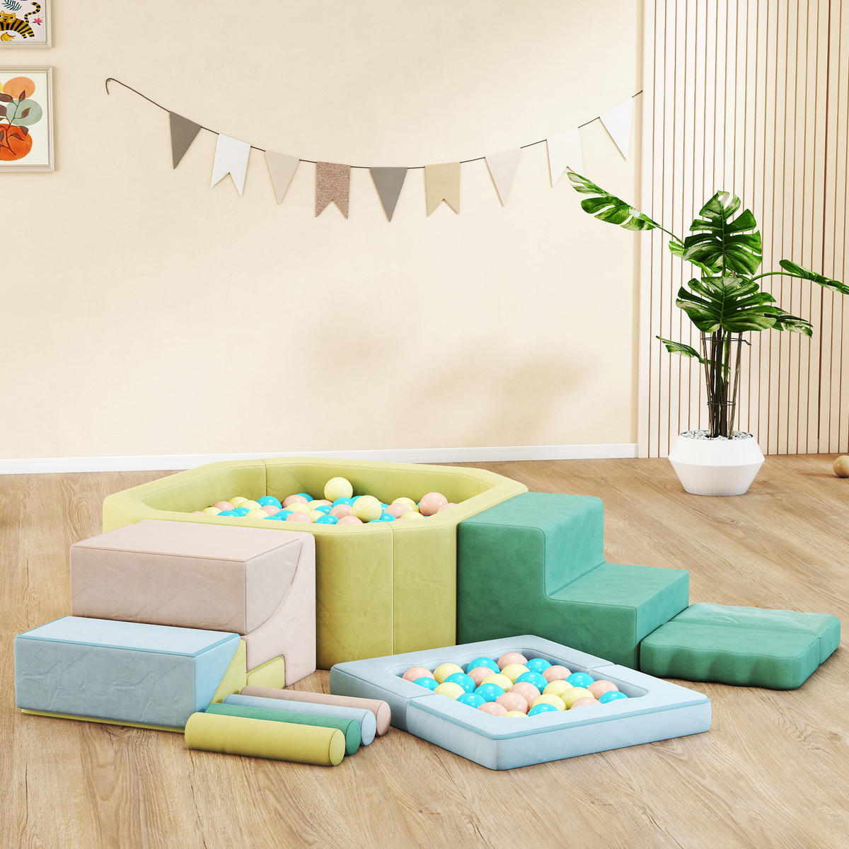 SCHAUMSTOFF Bausteine Kinder 15er-Set mit Bällepool, 200 Bälle Mehrfarbig - Multicolor, Textil (137.5/160cm) - AIYAPLAY