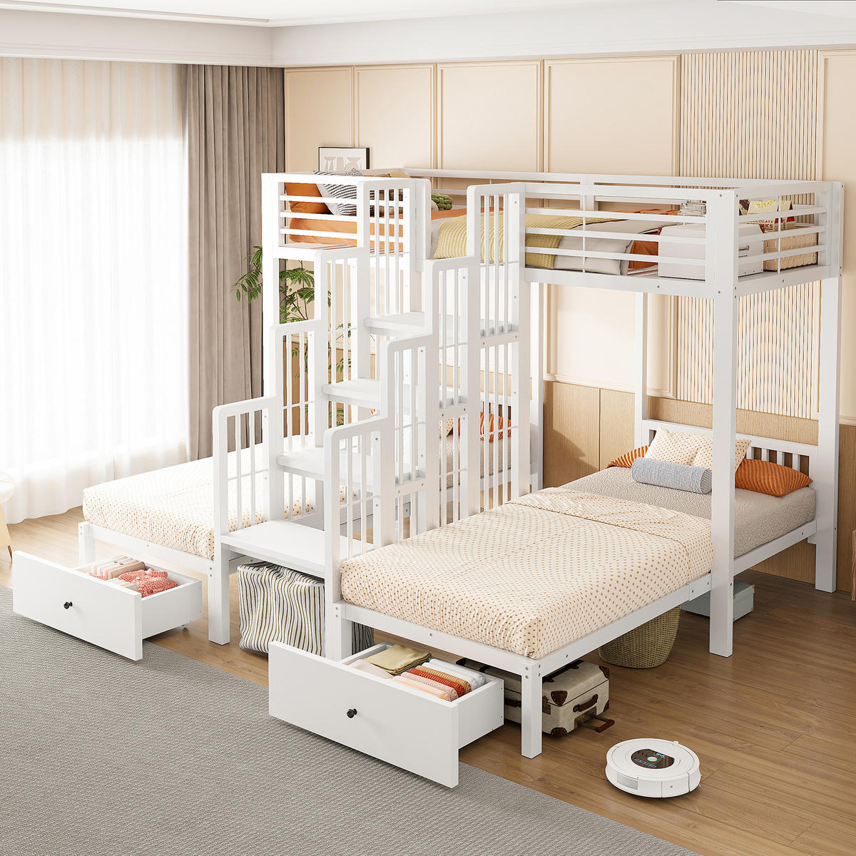 ETAGENBETT 90/200 cm mit Treppe und Schubladen, DE-41595, in Weiß - Weiß, Metall (90/200cm) - ComfortXL