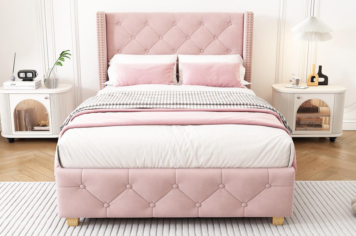 ČALOUNĚNÁ postel 90/200 cm růžová ze sametu s roštem a tuftovaným čelem - růžová, textil (90/200cm) - OKWISH