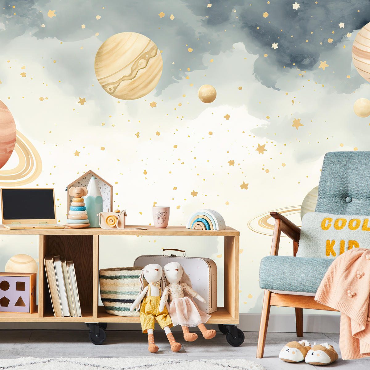 FOTOTAPETE für Kinderzimmer Pastell Planeten Saturn Uran Sterne 150x105 - Blau/Ecru, Papier (150/105cm) - Muralo