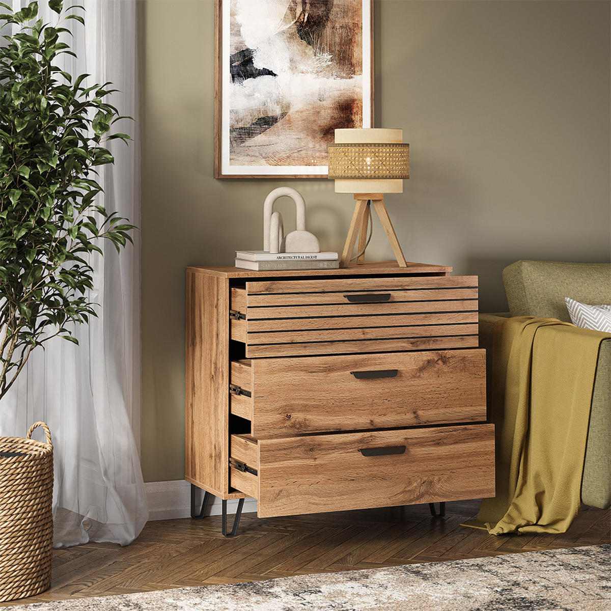 KOMMODE Amber Eiche Wotan 80 x 82 cm mit 3 Schubladen - Eiche Wotan, Holzwerkstoff (80/82/38cm) - Vicco