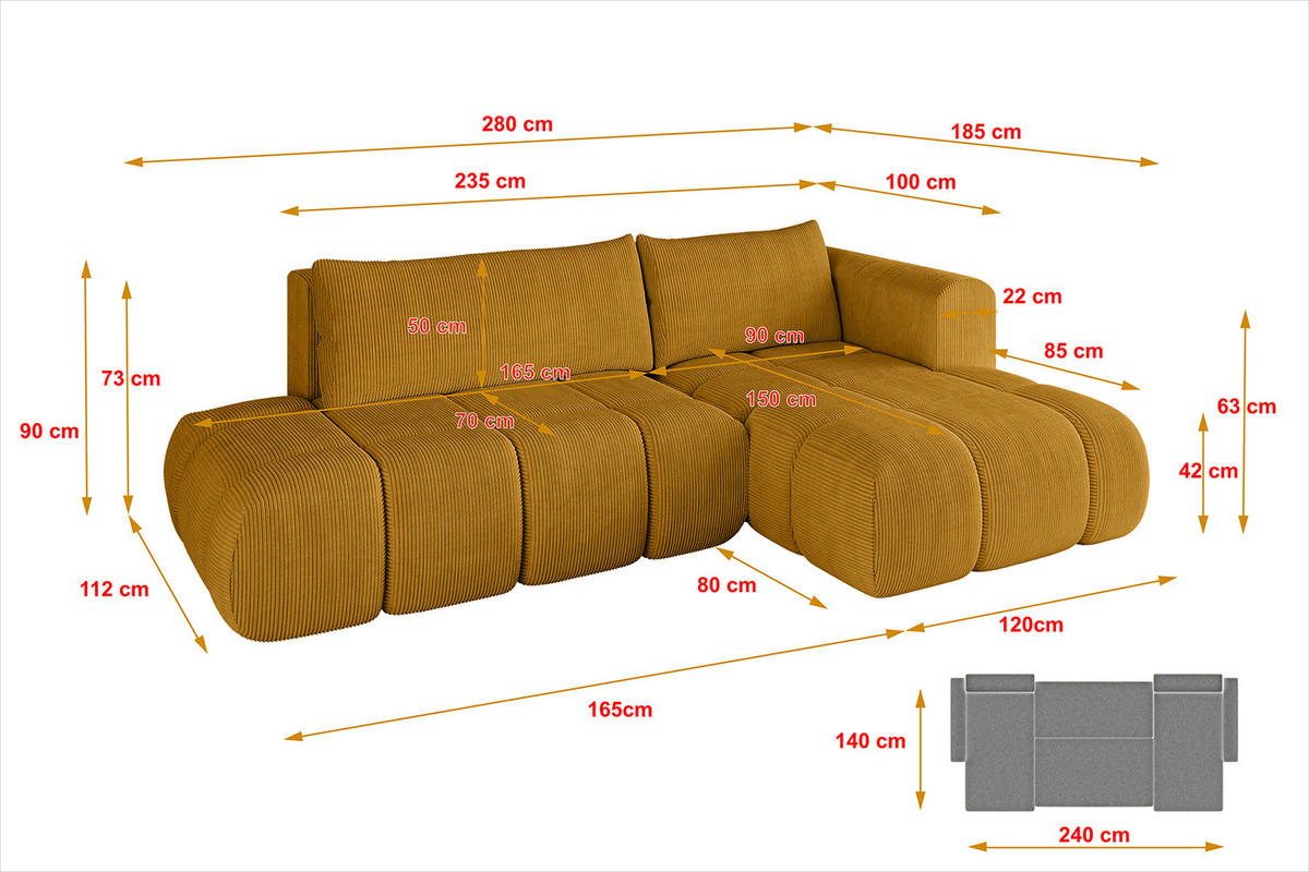 ECKSOFA Ottomane Rechts CLOUD-L 280x185x90 Senfgelb Cord - Currygelb, Holzwerkstoff/Kunststoff (185/280cm) - ALTDECOR