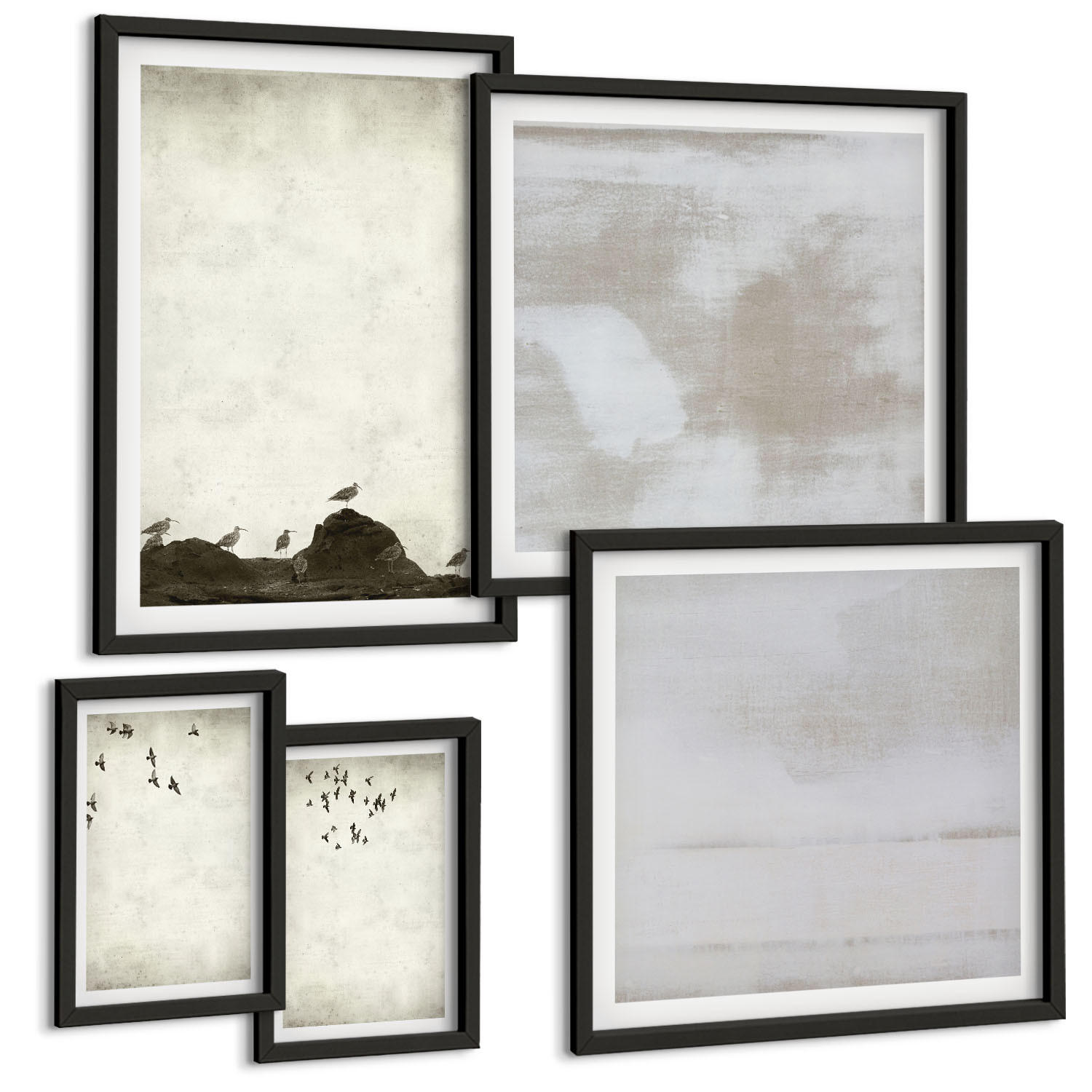 BILDER SET 5er Set - 50x50 cm & 20x30 cm & 40x60 cm Schwarzer Rahmen - Textur eines Vogelschwarms - Schwarz, Kunststoff (40/60cm) - TULUP