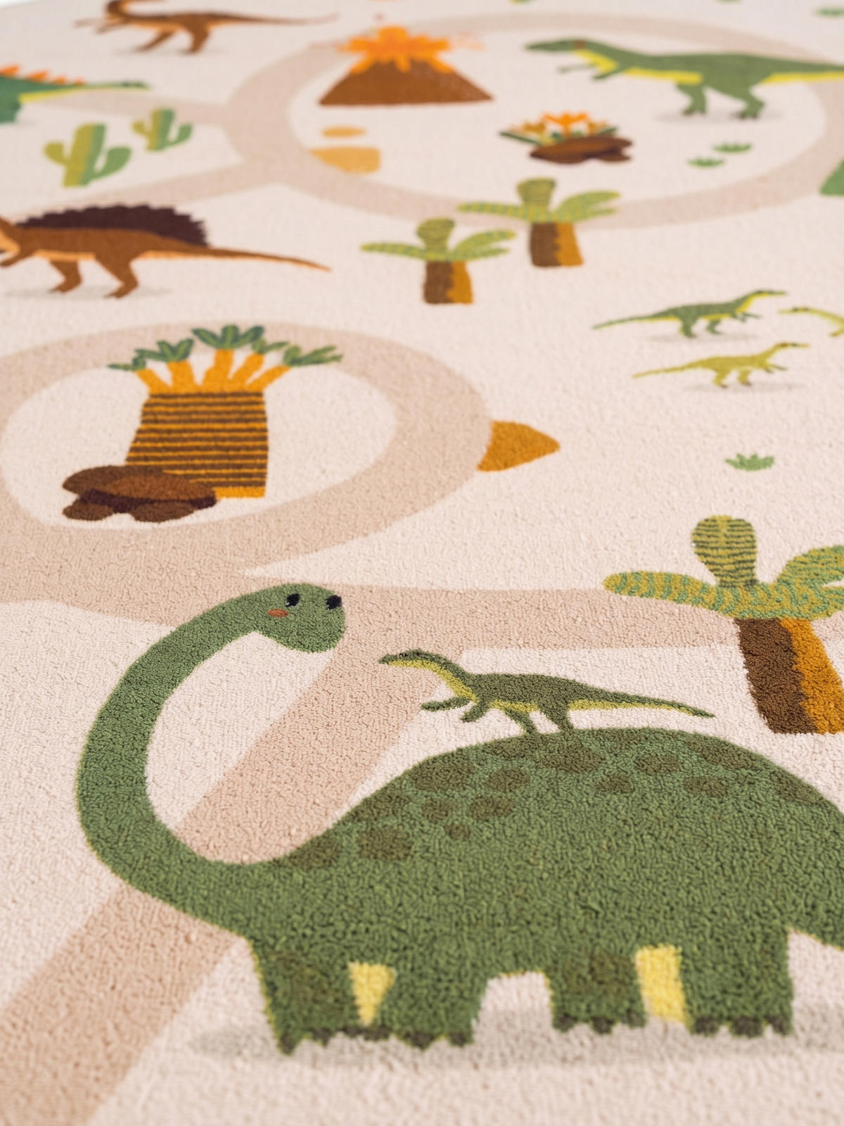 KINDERTEPPICH Kurzflor Dinosaurier-Landschaft Waschbar OEKO-TEX Spielteppich Jungen Mädchen Rund Beige 200x200 – TINO - Beige, Textil (200/200cm) - KADIMA DESIGN