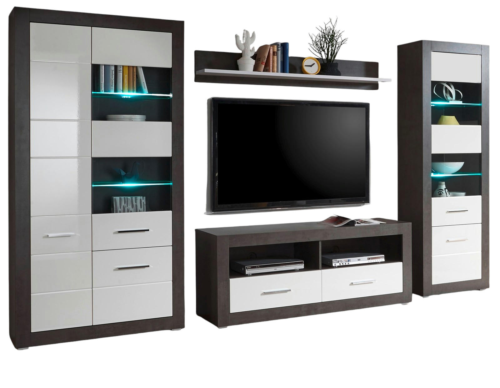 WOHNWAND weiß Hochglanz, grau Stone 4-teilig 335 x 198 cm, Wohnkombination modernes Design - Chromfarben/Weiß Hochglanz, Glas/Holzwerkstoff (335/198/45cm) - Furn.Design