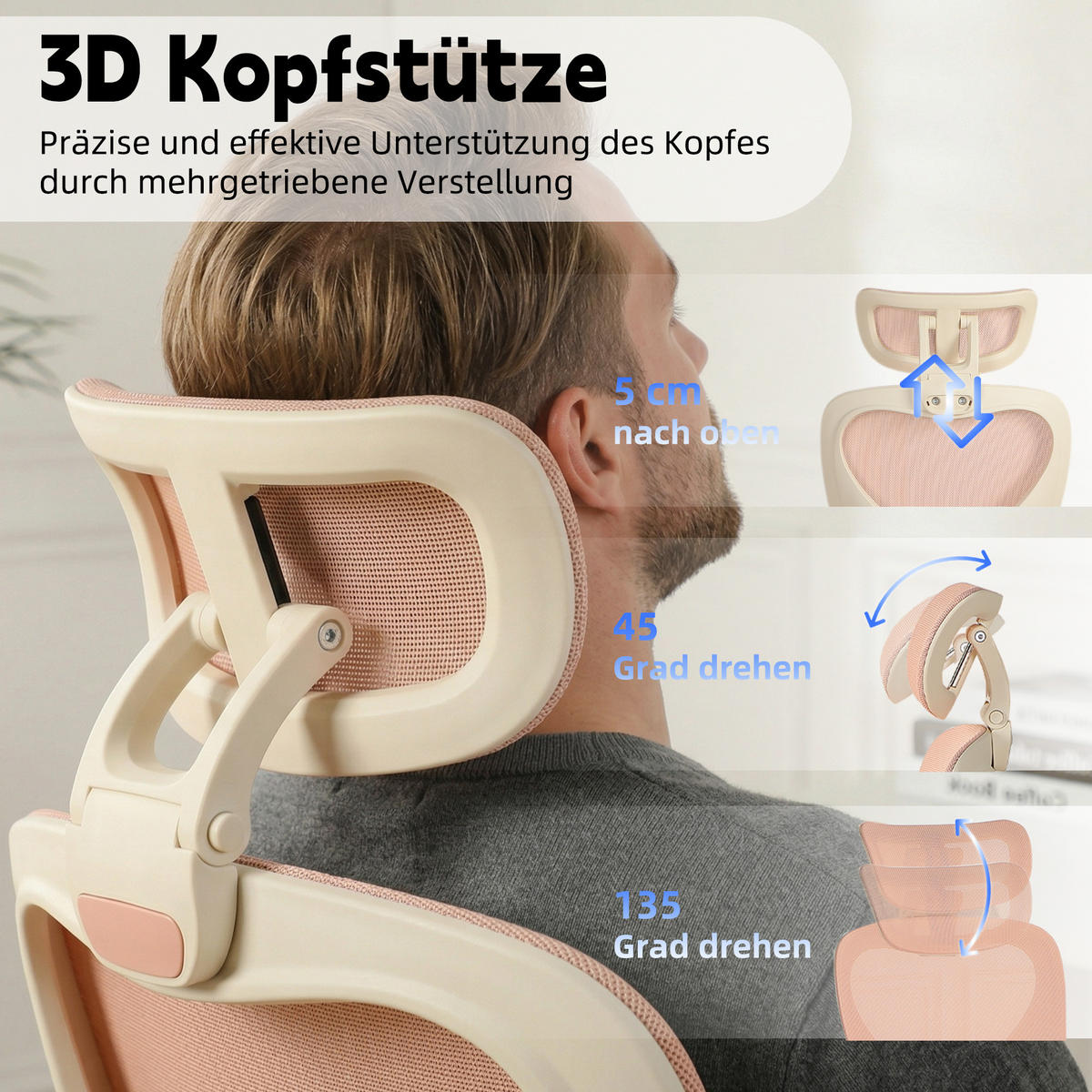 DREHSTUHL DE-40943 mit klappbarer Rückenlehne und 3D-Kopfstütze Rosa - Pink, Metall (62/129/48.5cm) - ComfortXL