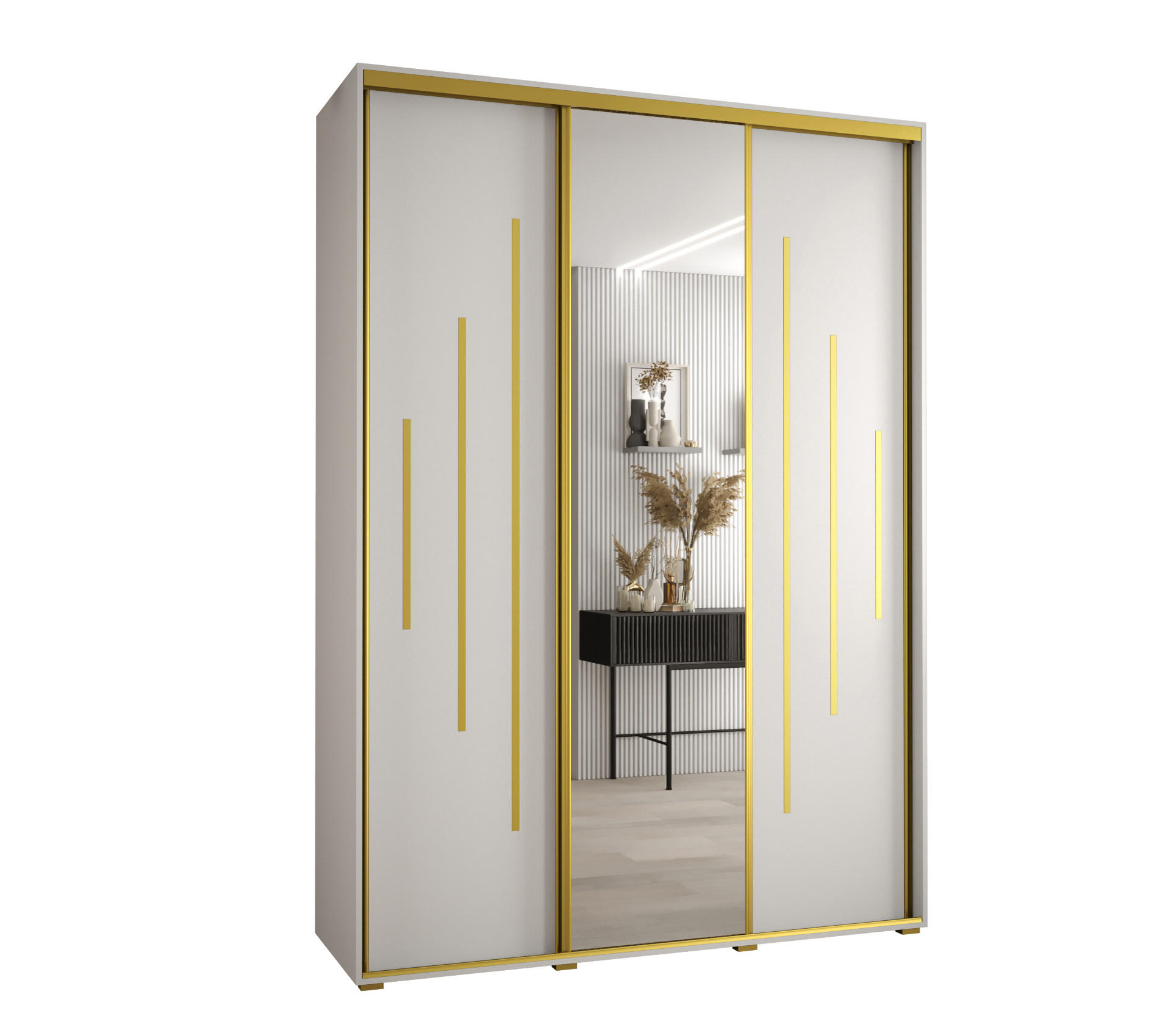 Abiks Möbel Schwebetürenschrank Weiß, Weiß, Gold 170x235x45 cm