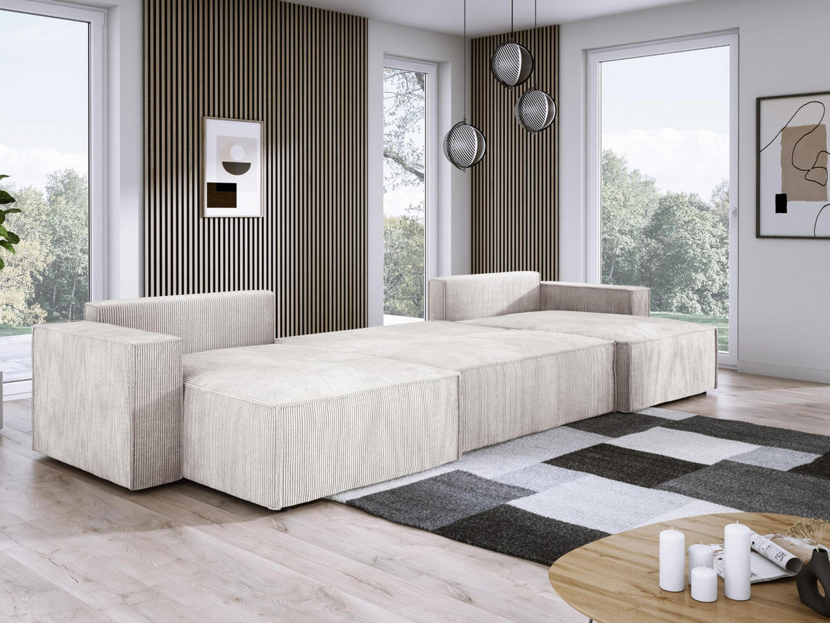 ECKSOFA Poso XXL U-förm, Schlaffunktion, weiche Kissen, Bettkasten, hochwertige Polsterung, lose Rückenkissen, freistehend, 377x143x83 cm White - Weiß, Holz/Textil (377/83/143cm) - DomoHome