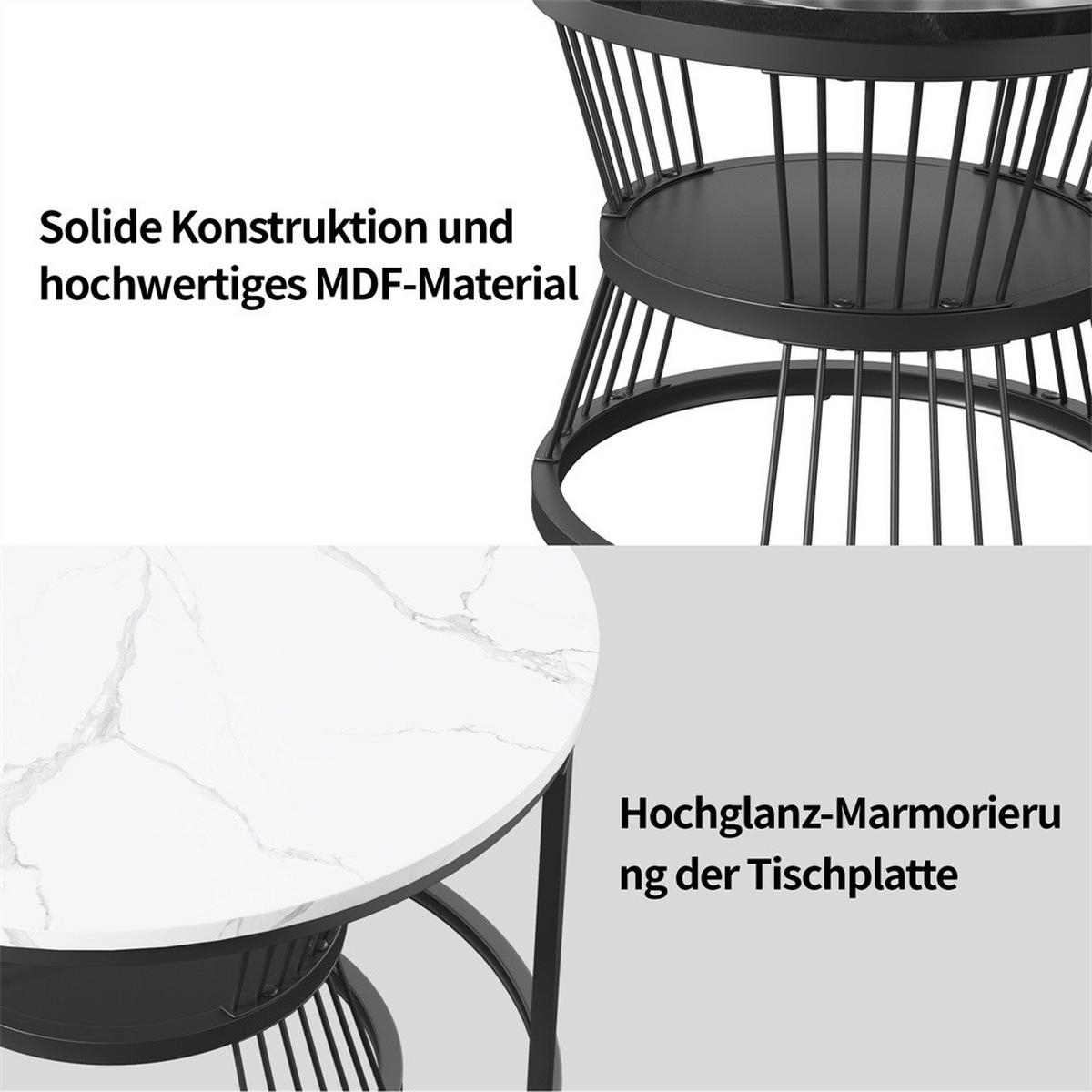 COUCHTISCH 2er-Set - Runder Couchtisch - Durchmesser 70 cm und Durchmesser 45 cm - Weiß und Schwarz - Schwarz, Holzwerkstoff (70/70/45cm) - DELFA
