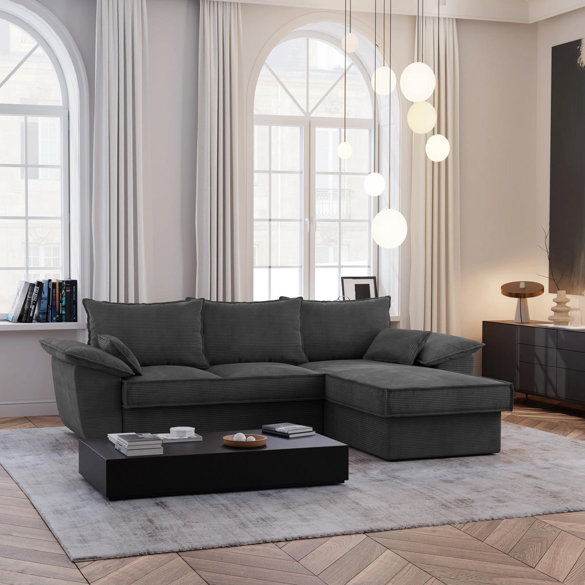 ECKSOFA RECHTS Gerippter Samt Anthrazitgrau 257cm - Dunkelgrau/Anthrazit, Textil (257/168cm) - Sia Home