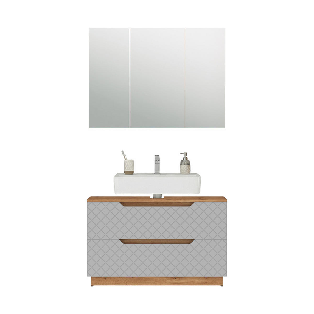 BADMÖBEL-SET Lotta Eiche/Grau mit Kachelstruktur 2 Teile - Grau, Holzwerkstoff (99.4/62.5/32cm) - Vicco