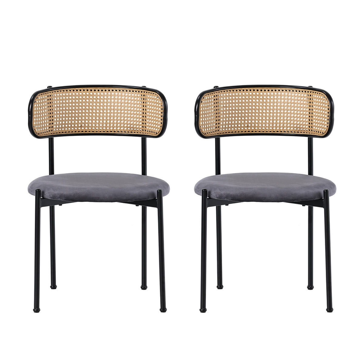 ESSZIMMERTISCH SET GLASPLATTE & METALLBEINE, RATTAN-RÜCKENLEHNE, GRAU/SILBER - Grau, Glas/Textil (80/75/80cm) - Urban Meuble