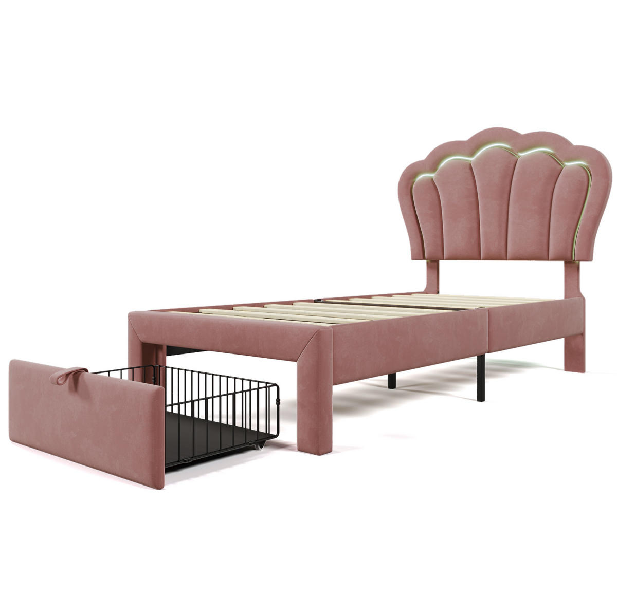 BETT mit LED und Schublade 90x200 cm Samt Rosa - Pink, Holzwerkstoff (90/200cm) - Beauniv