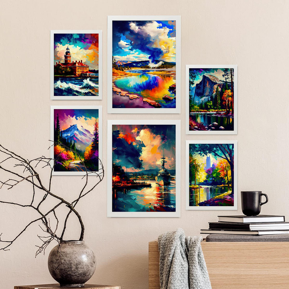POSTER Set Mit 6 Wolken Im Ölgemälde Stil A3 & A4 Weißer Rahmen - Weiß, Papier (29/3cm) - Nacnic