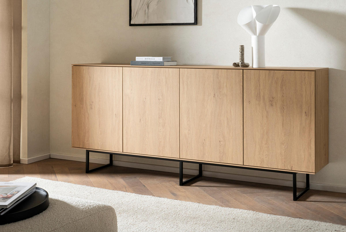 SIDEBOARD Stone Eiche, Kommode 200 x 90 cm, mit Push-to-Open - Eichefarben/Schwarz, Holzwerkstoff/Metall (200/90/40cm) - Furn.Design