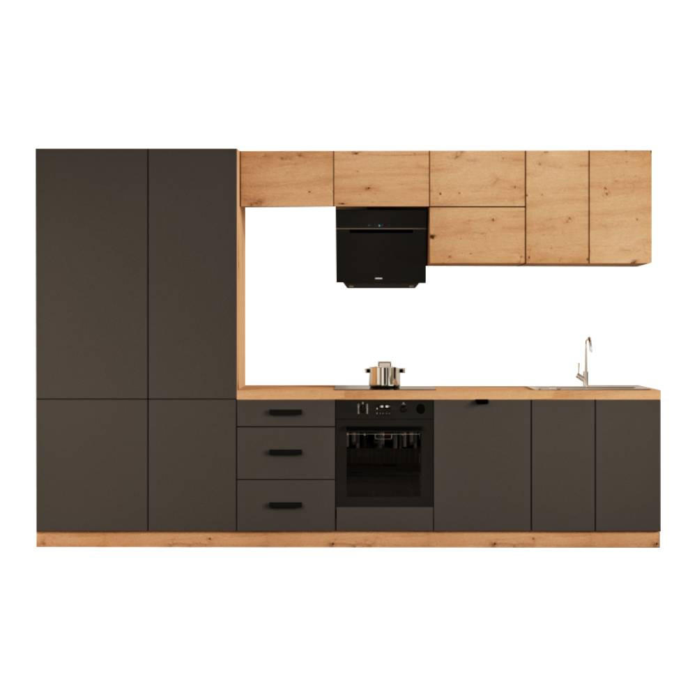 KÜCHENZEILE 360 cm - Langen KL19-M360 - in Grau / Artisan Eiche - Schwarz/Eiche Artisan, Holz/Metall (360/212/58cm)