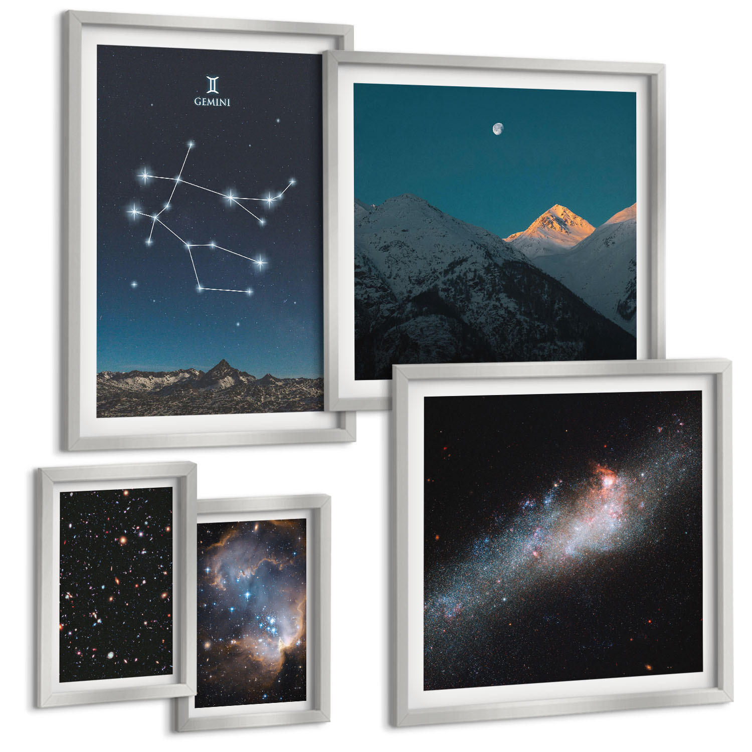 BILDER SET 5er Set - 50x50 cm & 20x30 cm & 40x60 cm Silberner Rahmen - Sterne der Zwillingsgalaxie - Silberfarben, Kunststoff (40/60cm) - TULUP