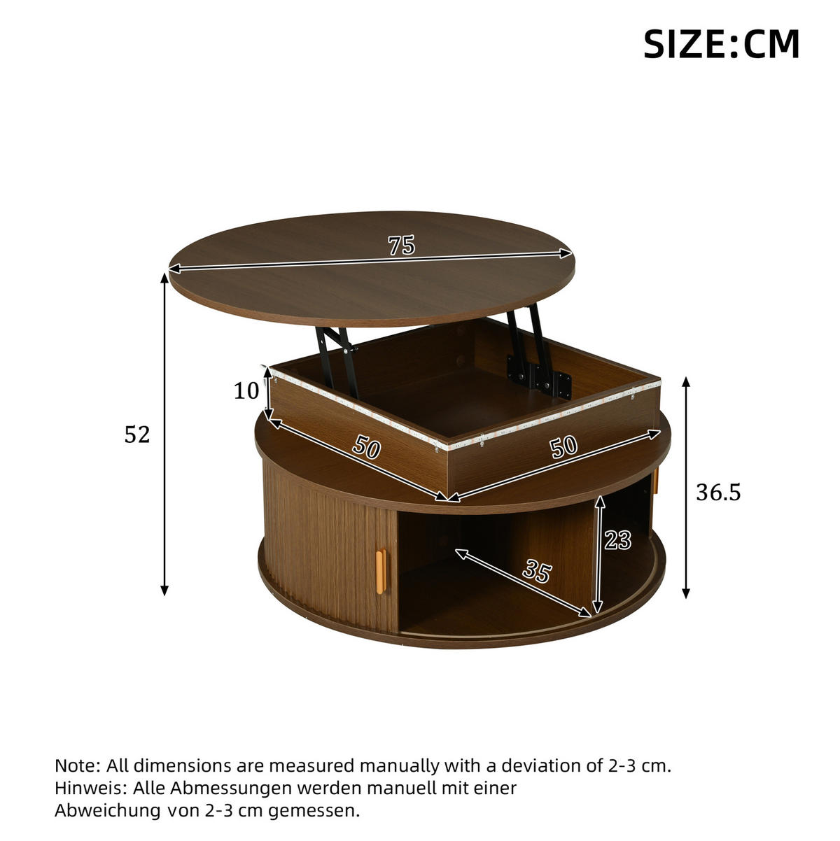 COUCHTISCH 75/75/52 cm walnussfarben aus MDF höhenverstellbar mit LED und Stauraum - Nussbaumfarben, Holzwerkstoff (75/75/52cm) - OKWISH