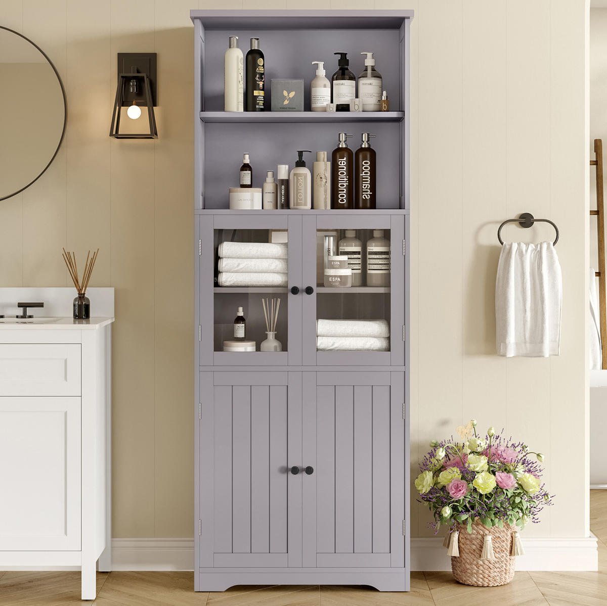 BADEZIMMER-HOCHSCHRANK 57.4x28.5x160cm in Grau, feuchtigkeitsbeständig mit 4 Türen - Grau, Holzwerkstoff (57.4/160/28.5cm) - Modfu
