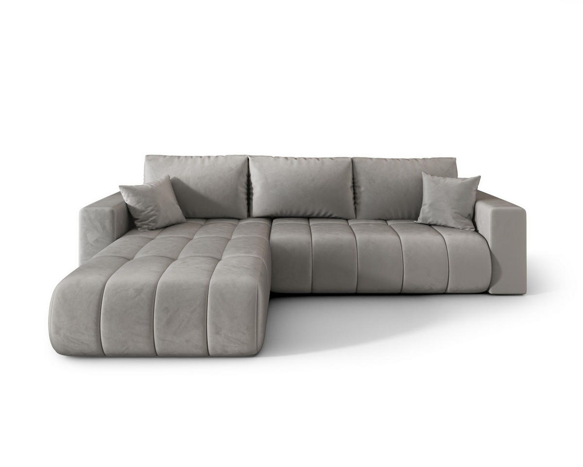 ECKSOFA LARA PREMIUM links hellgrau Velours Monolith 84 - Schlaffunktion, Bettkasten - Hellgrau, Textil (280/175cm) - Cornero